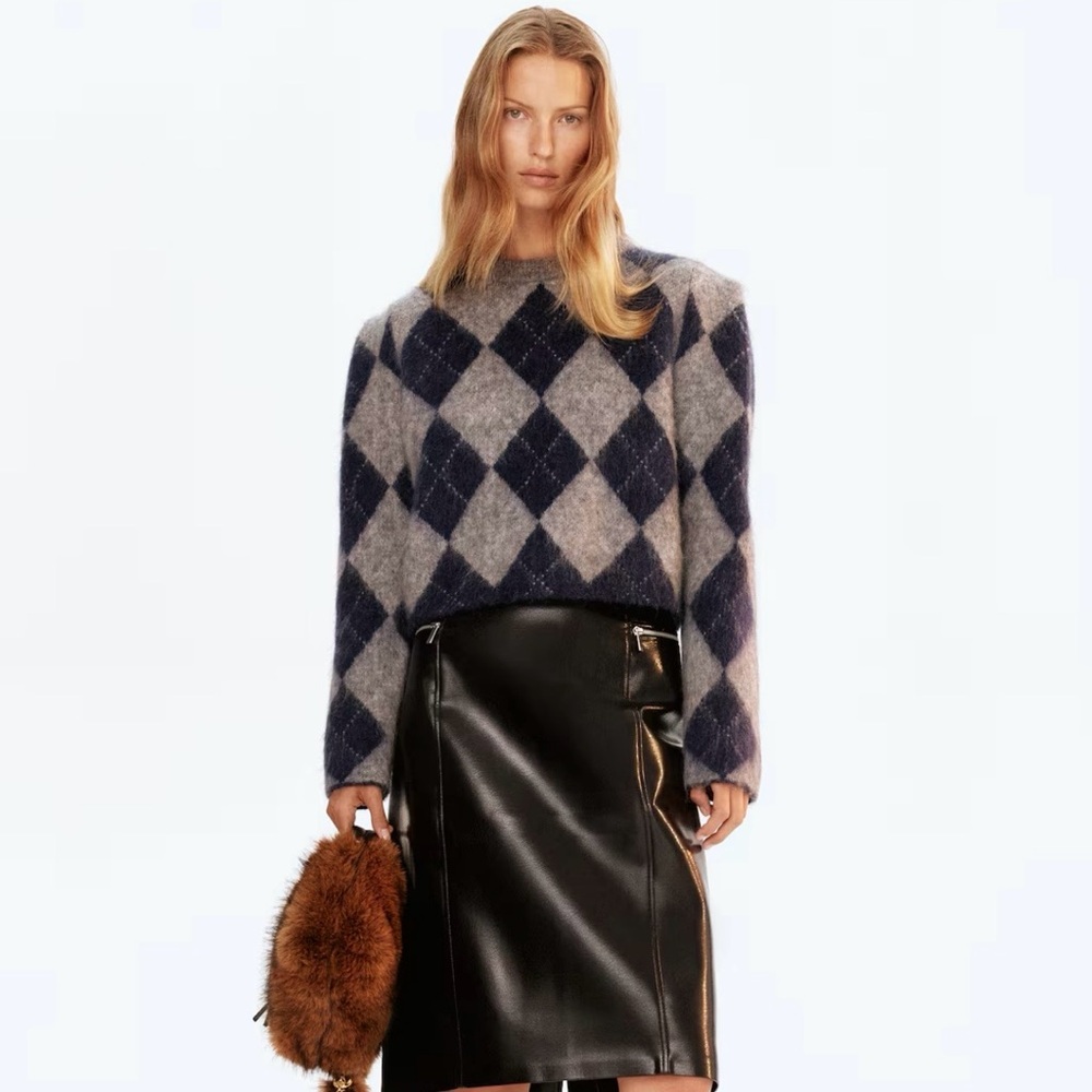 NWT H&M A/W 2025 Argyle Mohair-Blend Sweater (Dark Blue/argyle )1310338001 Sz L